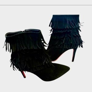 Black Suede Pointed Toe Fringe Red Sole Stiletto Heel Ankle Booties